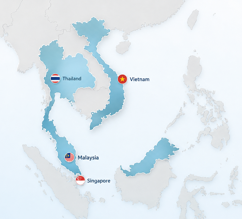 Real map of Southeast Asia highlighting Singapore, Vietnam, Thailand and Malaysia