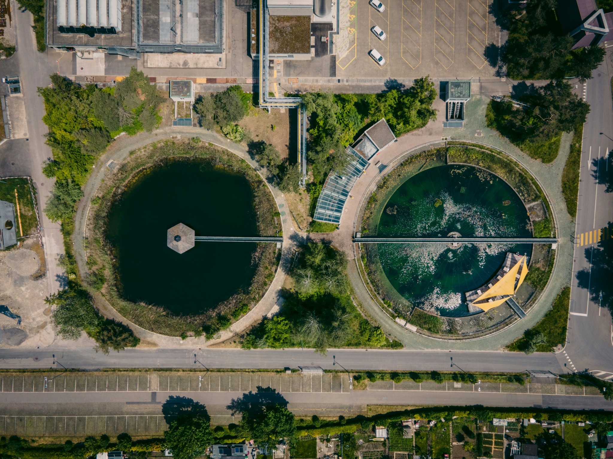 Aerial view of large conventional wastewater treatment basins